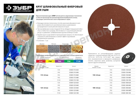 Фотография Круг шлифовальный ЗУБР "ПРОФИ" фибровый, для УШМ, P24, 115х22мм, 5 листов 35585-115-024